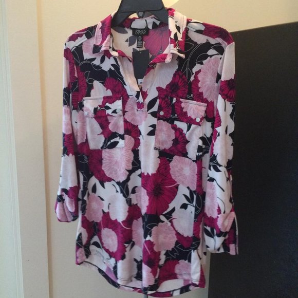 Jones New York Blouse Tab Sleeve Floral Print S - Picture 3 of 9